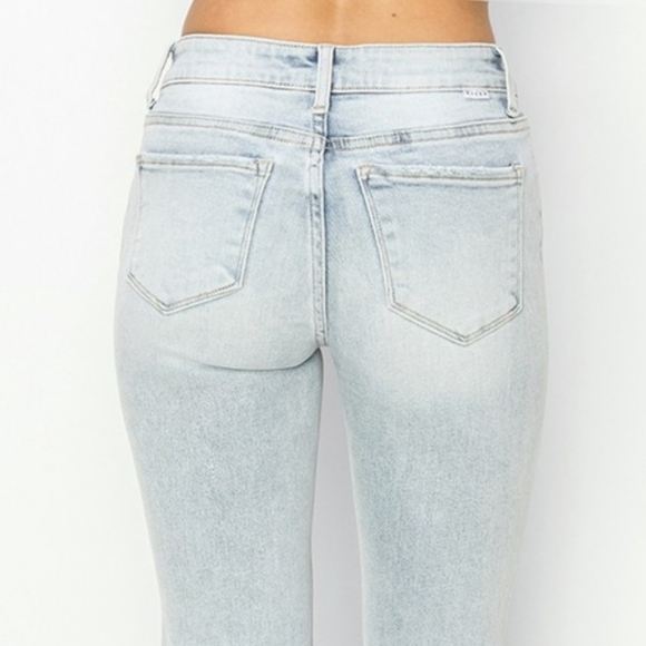 RISEN High-Rise Waist Skinny Fit Denim Pants Cropped Wide Flare Hem Blue Jeans - Picture 7 of 16